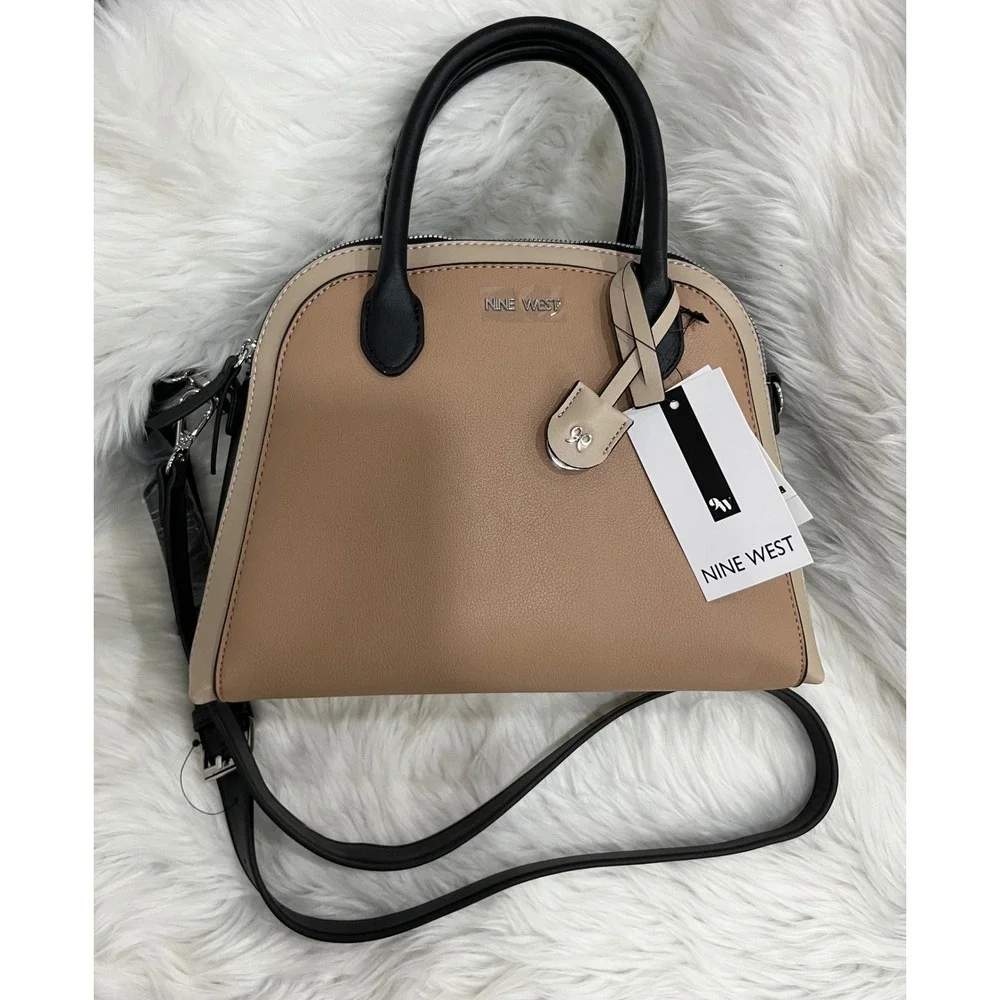 Nine West Women's Satchel Handbag Beige Black Top Handle Crossbody NWT